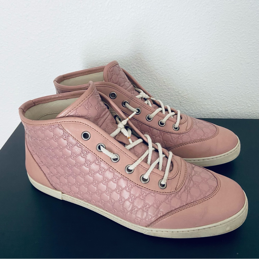 Gucci Monogram High Top Guccissima Leather Sneakers Size 38 In Dusty Pink